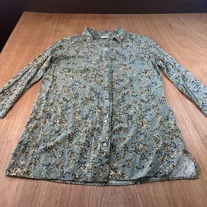 J Jill Tunic Womens Large Green Floral Button Pockets Long Sleeve
